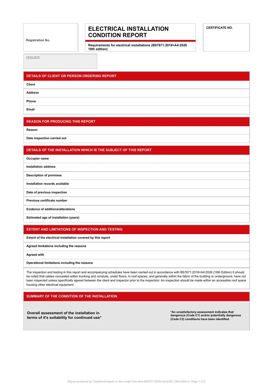 First page of the Electrical Installation Condition Report PDF rendered by Tradehand