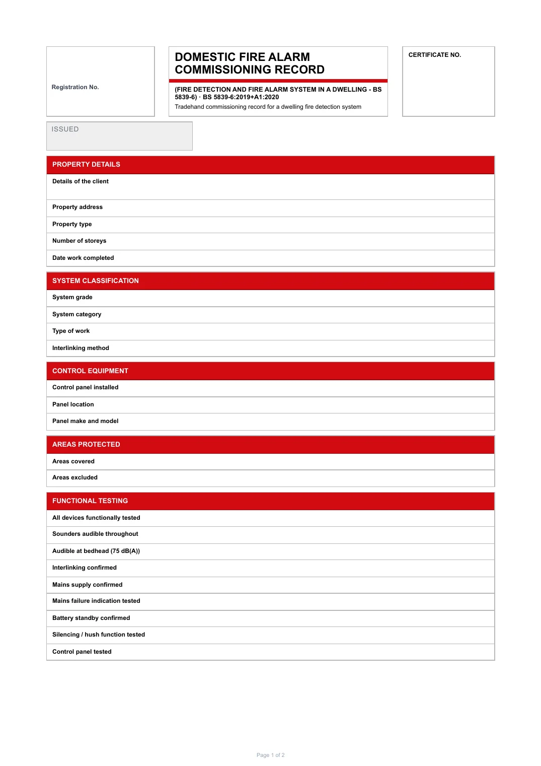 First page of the Domestic fire alarm commissioning record PDF rendered by Tradehand