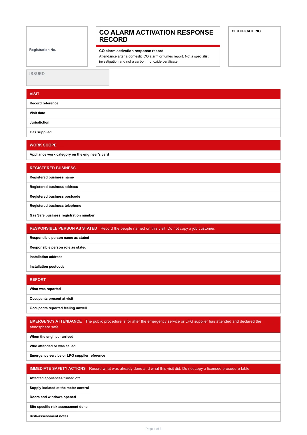 First page of the CO alarm activation response record PDF rendered by Tradehand