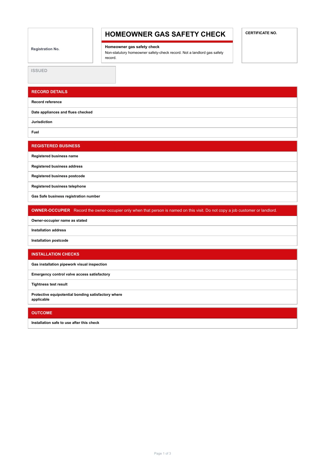 First page of the Homeowner gas safety check PDF rendered by Tradehand