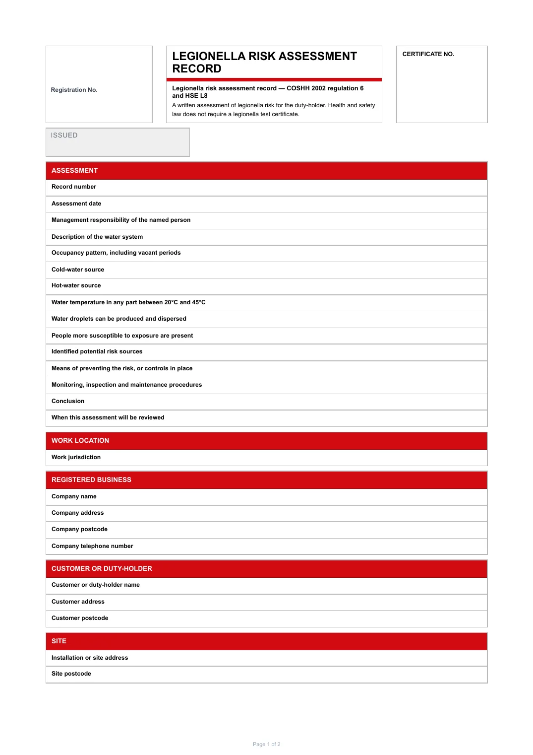 First page of the Legionella Risk Assessment Record PDF rendered by Tradehand