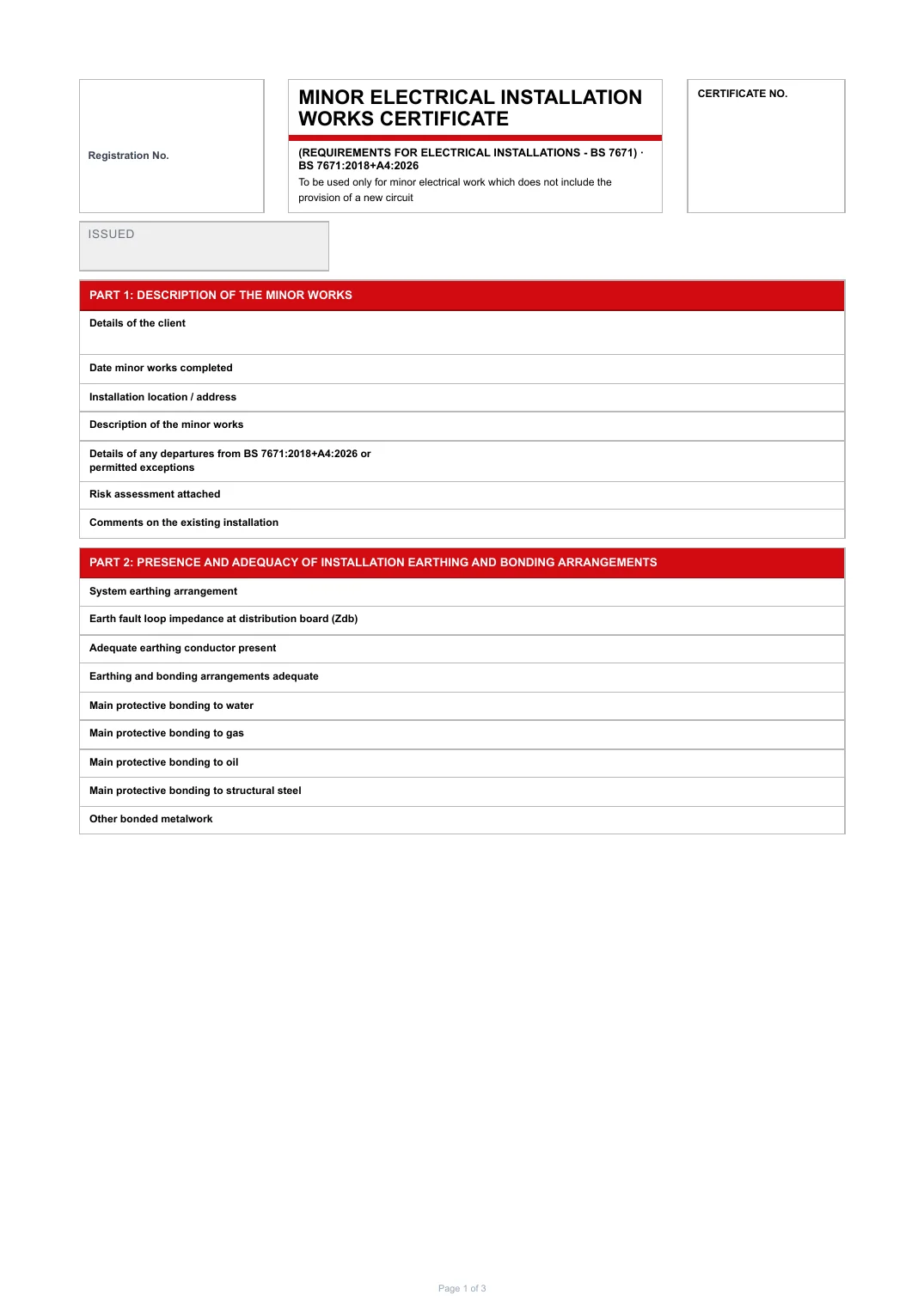 First page of the Minor Electrical Installation Works Certificate PDF rendered by Tradehand