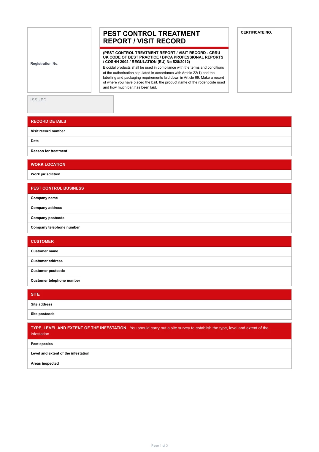 First page of the Pest Control Treatment Report / Visit Record PDF rendered by Tradehand