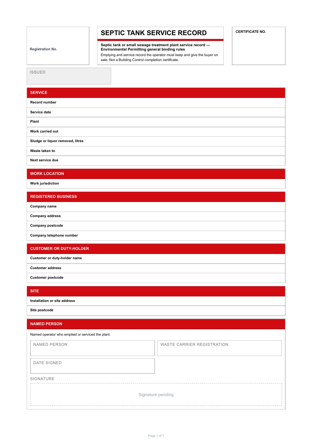 First page of the Septic Tank Service Record PDF rendered by Tradehand