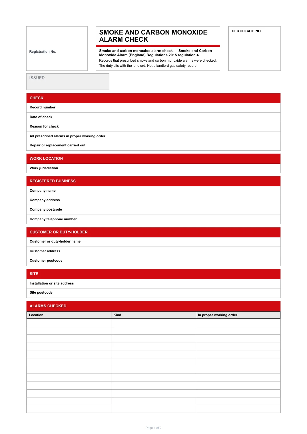 First page of the Smoke and Carbon Monoxide Alarm Check PDF rendered by Tradehand