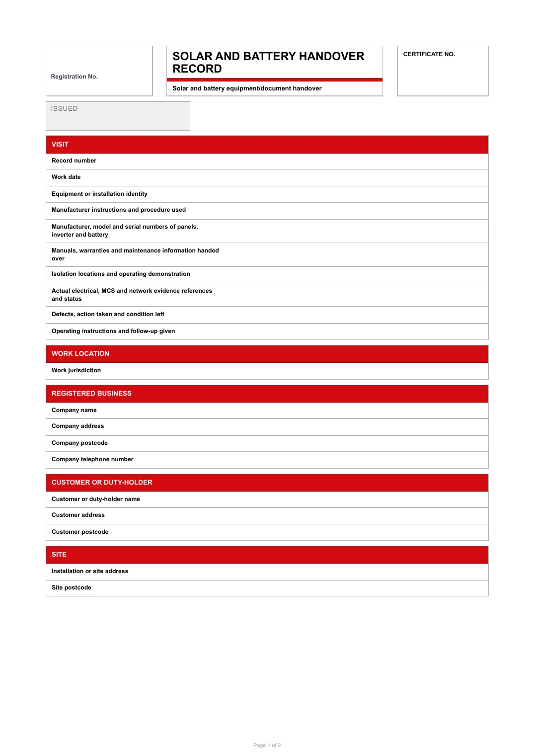 First page of the Solar and battery handover record PDF rendered by Tradehand
