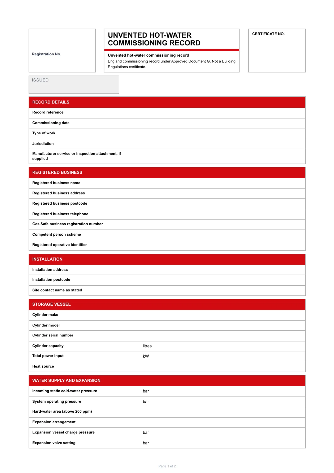 First page of the Unvented hot-water commissioning record PDF rendered by Tradehand