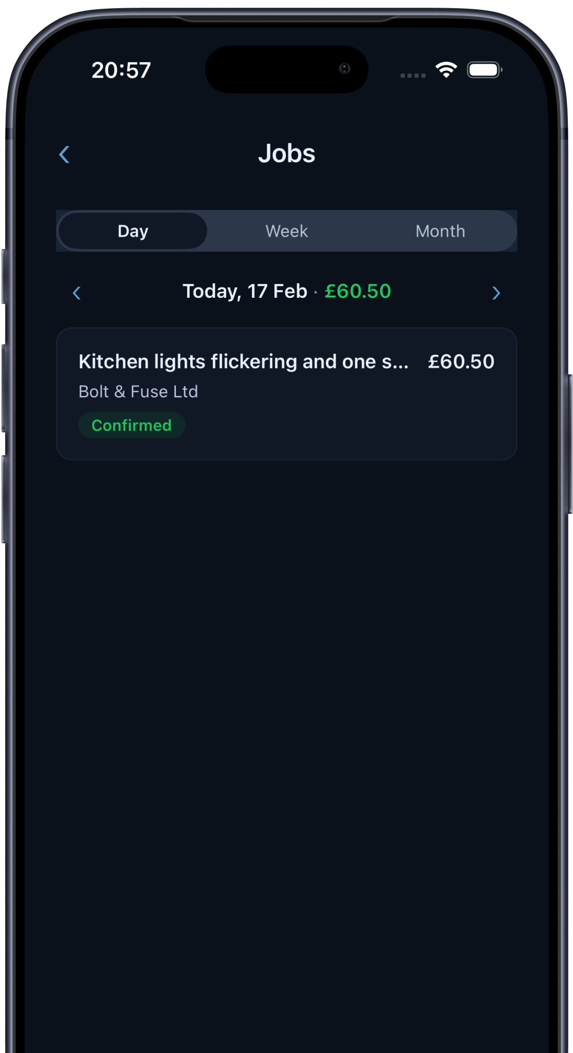 The trader app open on the day's jobs, showing one confirmed kitchen lighting job for Bolt & Fuse Ltd at £60.50, with Day, Week and Month views along the top.