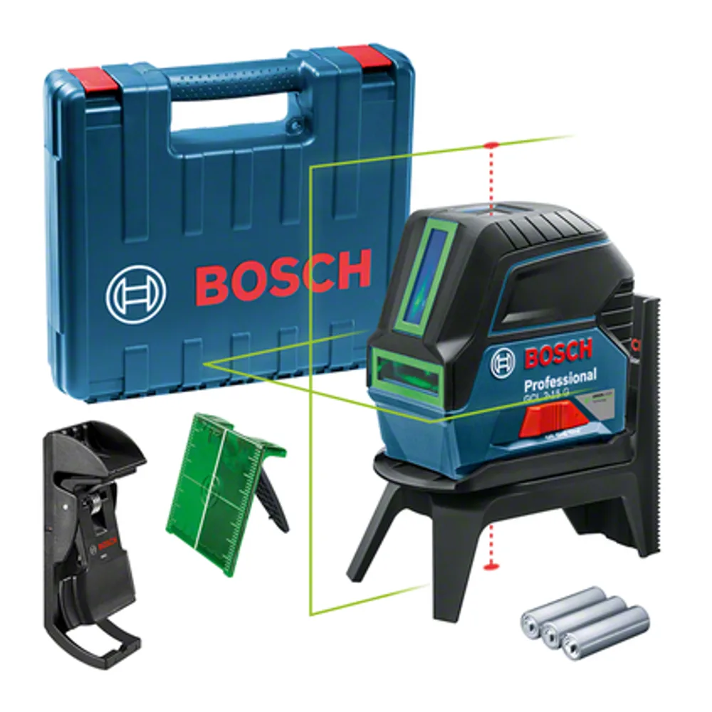 Bosch Professional GCL 2-15 G on its rotating mount, with a green cross line, red plumb points, hard case, clamp, target plate and three AA cells.