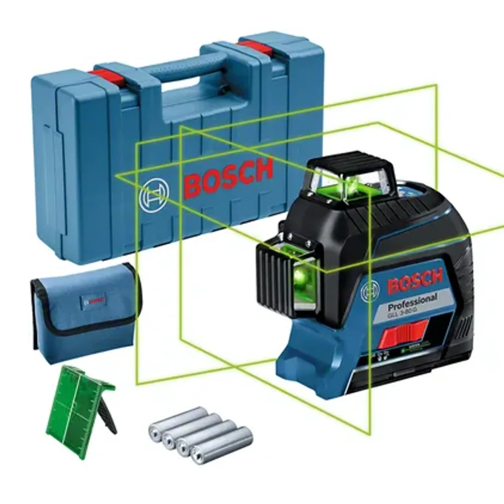 Bosch Professional GLL 3-80 G kit: the laser, hard case, pouch, target plate and four AA cells, with three green 360-degree planes drawn around the tool.