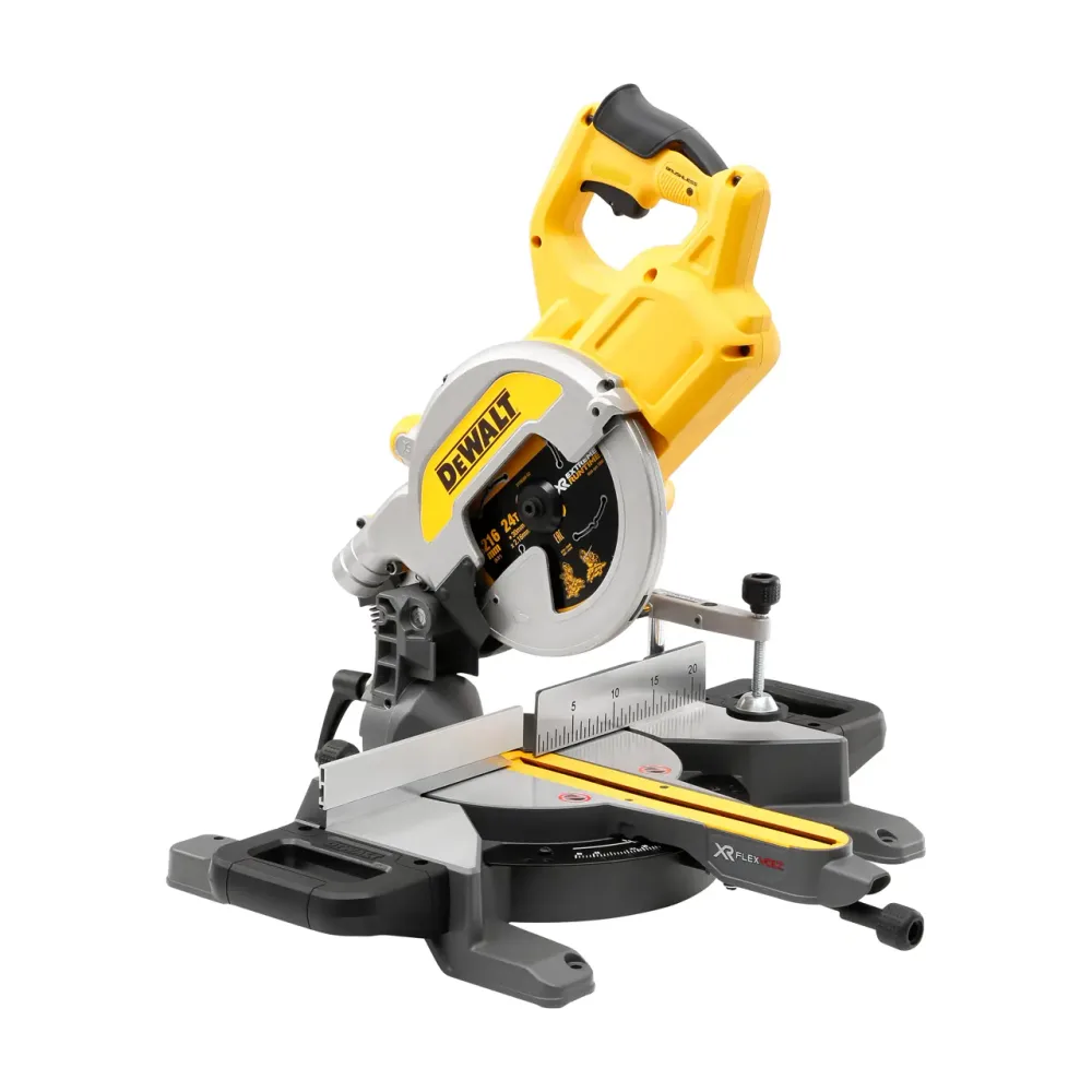 DeWalt DCS777N 54V XR FLEXVOLT 216mm slide mitre saw with fence, clamp and carry handles, photographed on a white background.