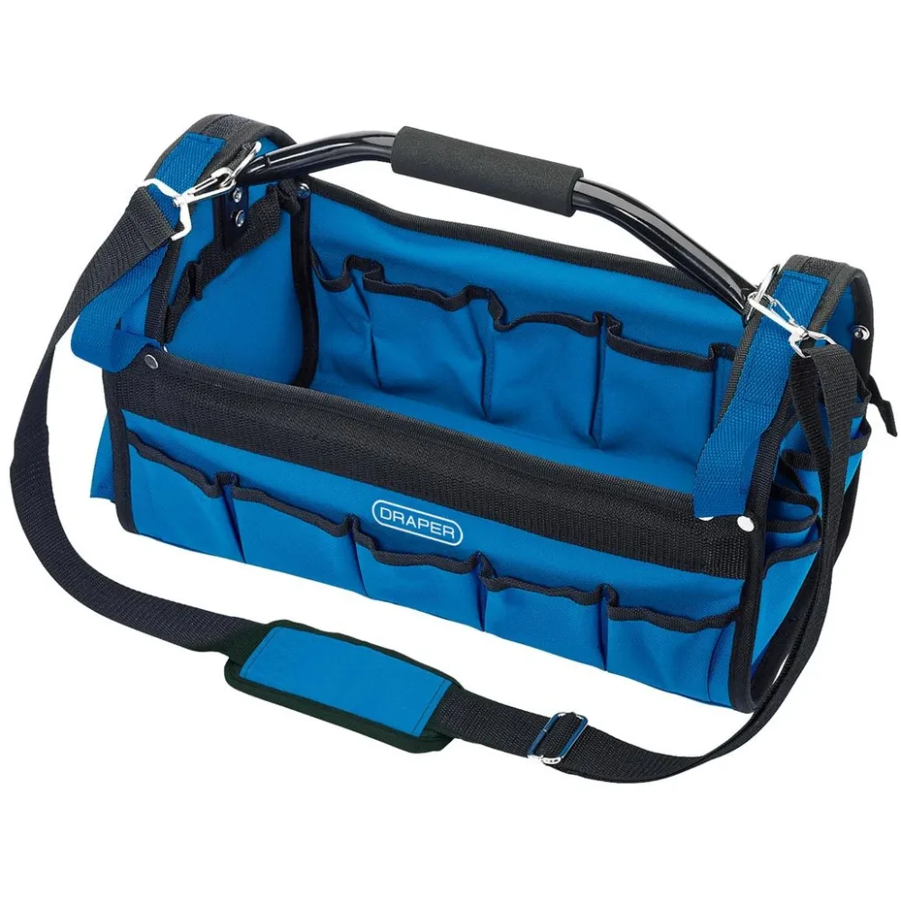Draper 420mm tote tool bag in blue and black, with an open top, steel carry handle and rows of external pockets along both sides.