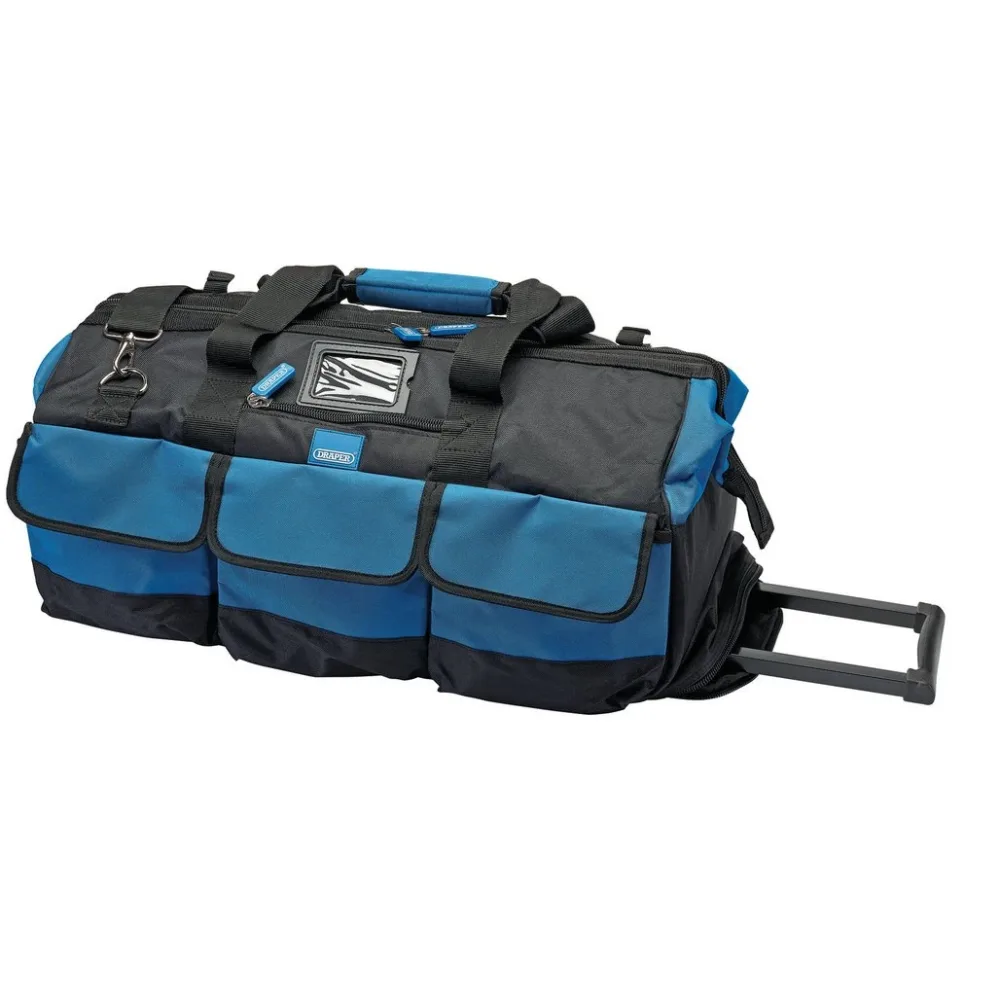 Draper 600mm tool bag on wheels in blue and black, with a framed zipped opening, three large external pockets and a pull-out telescopic handle.