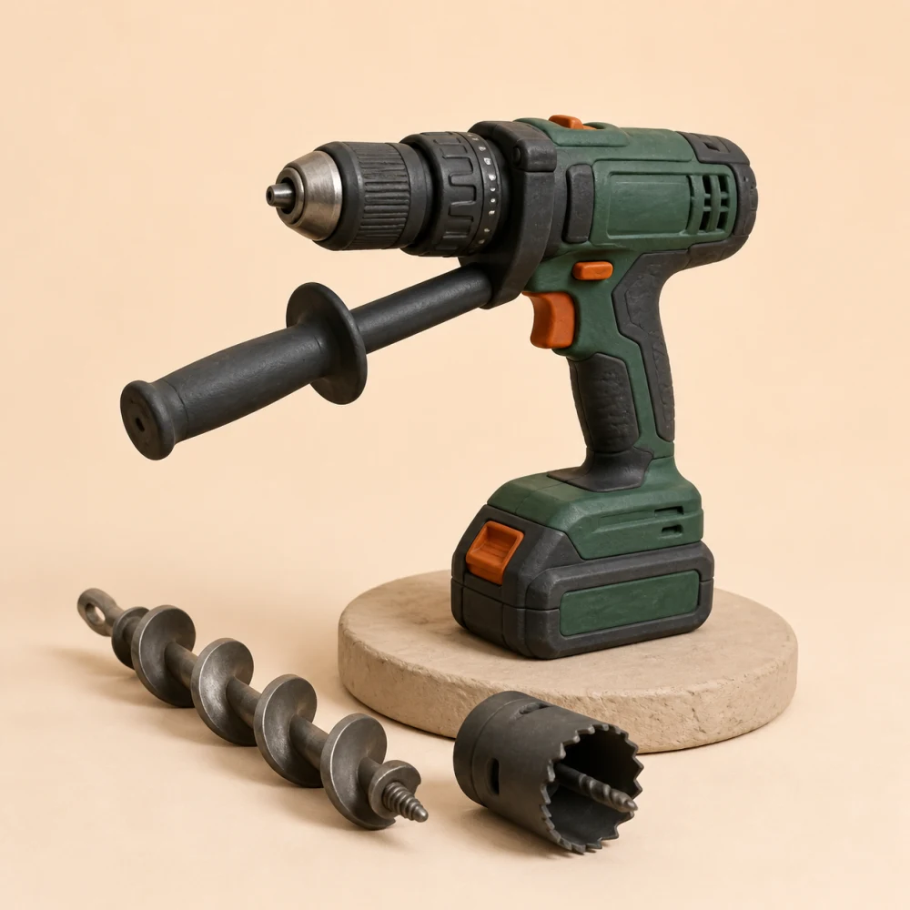 Clay illustration of a high-torque cordless combi drill with auxiliary handle, auger bit and hole saw.