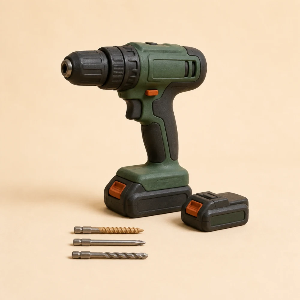 Clay illustration of a lightweight cordless combi drill, spare battery and three drill bits.