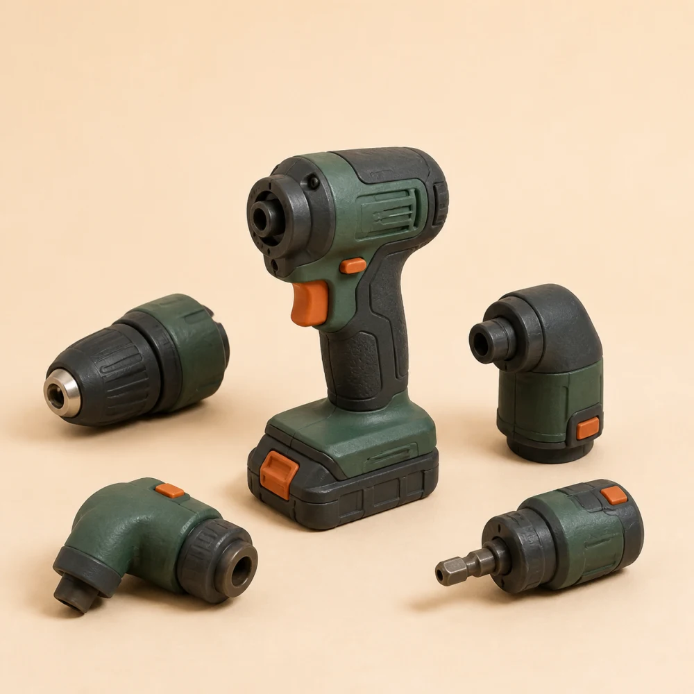 Clay illustration of a compact installation drill with chuck, right-angle, offset and hex attachments.