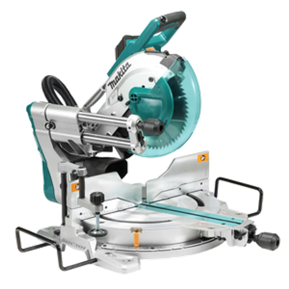 Makita LS1019L 260mm slide compound mitre saw on its rotating table, with twin slide rails, fence, clamp and side supports.