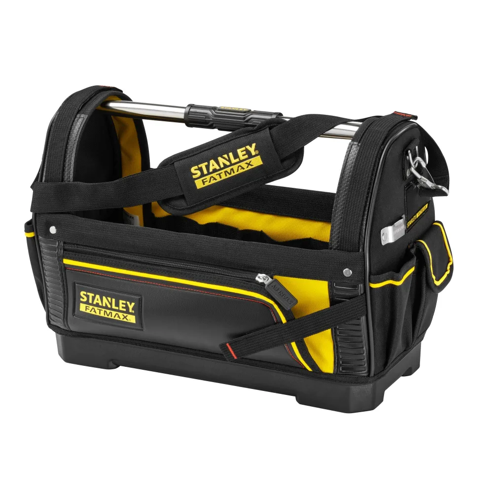 Stanley FATMAX 18-inch open tote tool bag in black and yellow, with a steel carry handle, padded shoulder strap, rigid moulded base and a zipped front pocket.