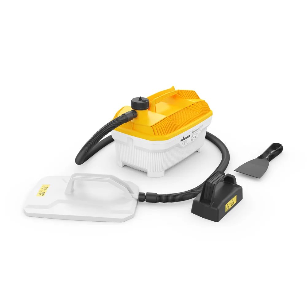Wagner SteamForce Plus kit: the yellow-and-white tank, large white steam plate, small black steam plate, hose and scraper.