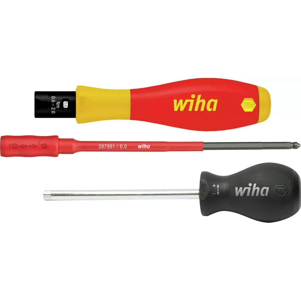 Wiha TorqueVario-S electric VDE handle, an insulated slimBit and the small adjusting tool, laid out on a white background.