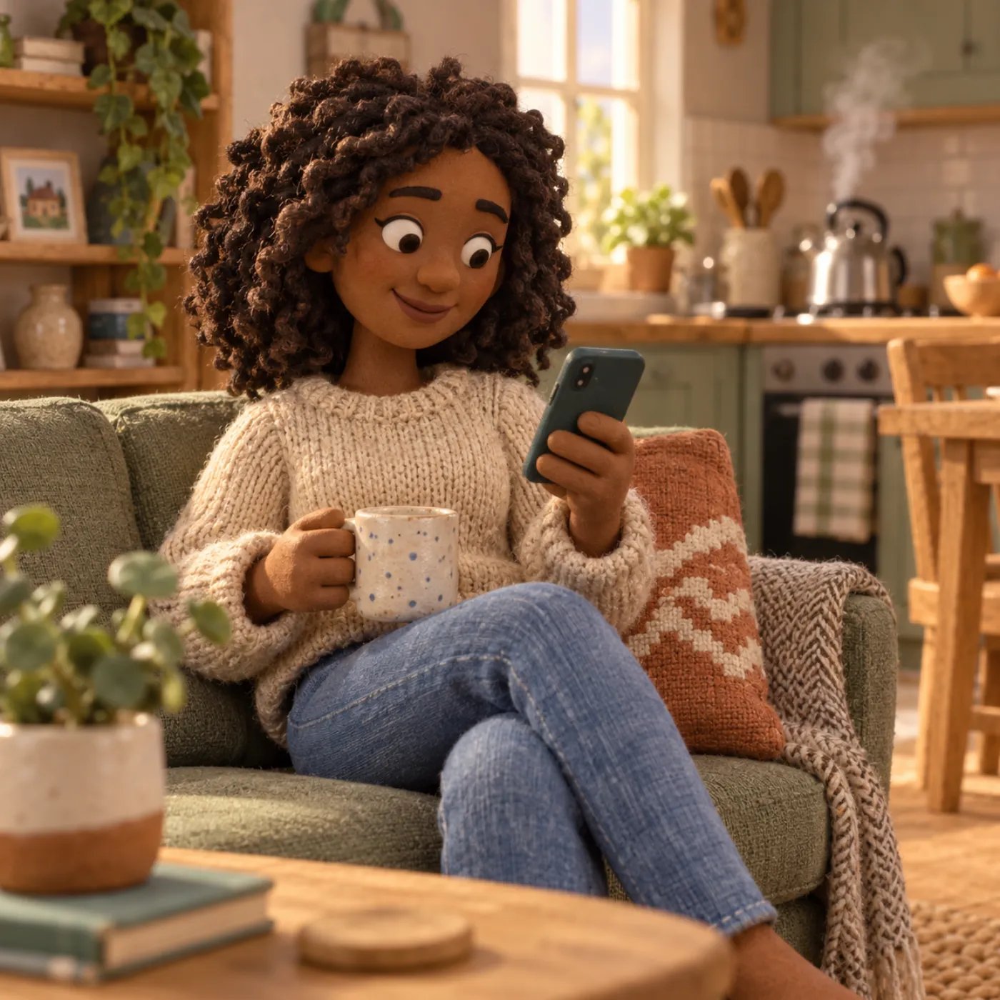 A homeowner on her sofa checking a fixed price on her phone