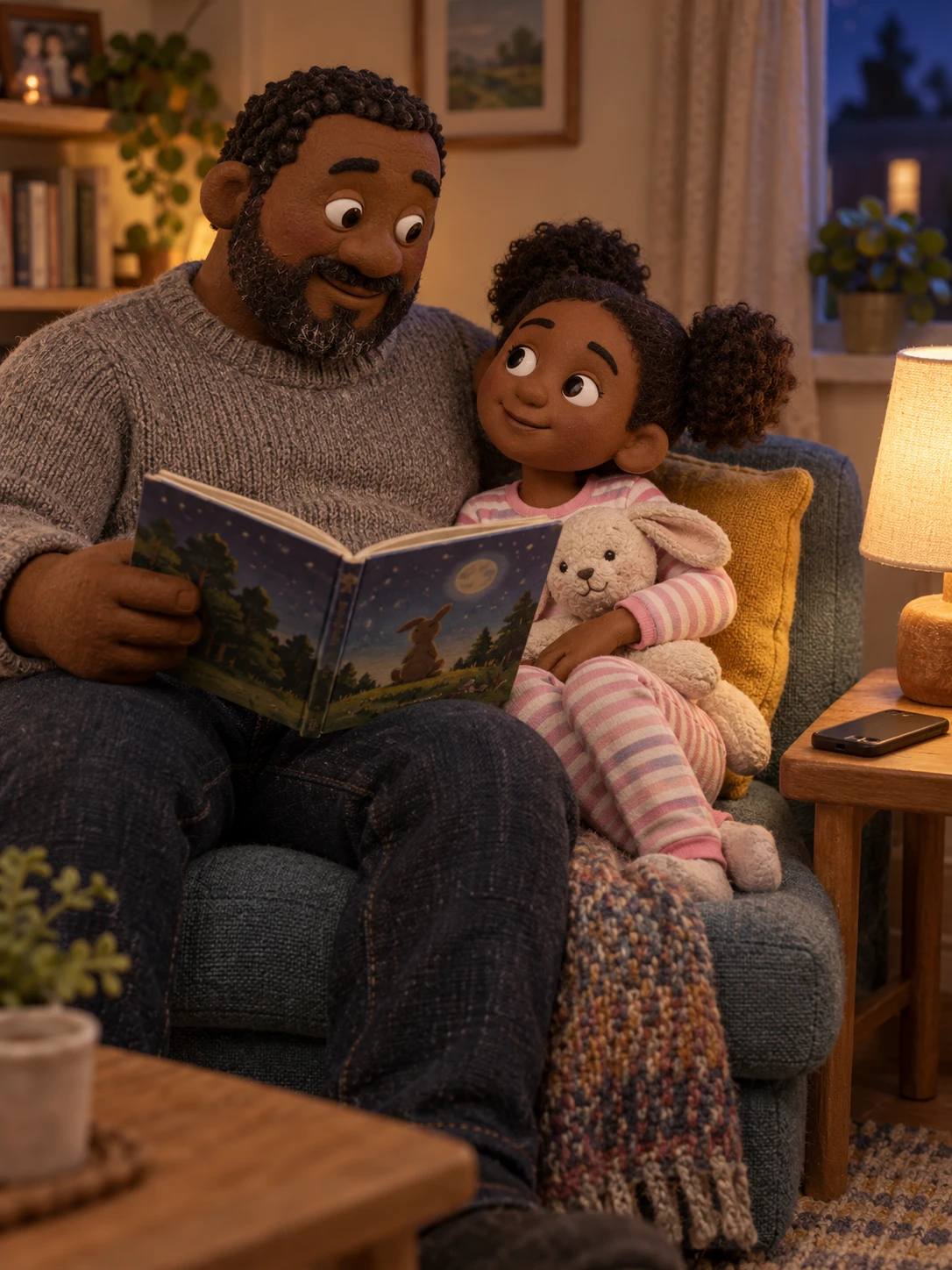 A clay father reading a bedtime story with his daughter on the sofa