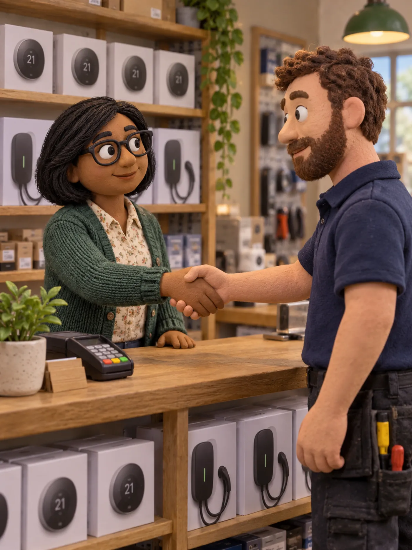 A clay shop owner shaking hands with an installer across a counter stocked with smart thermostats and EV chargers