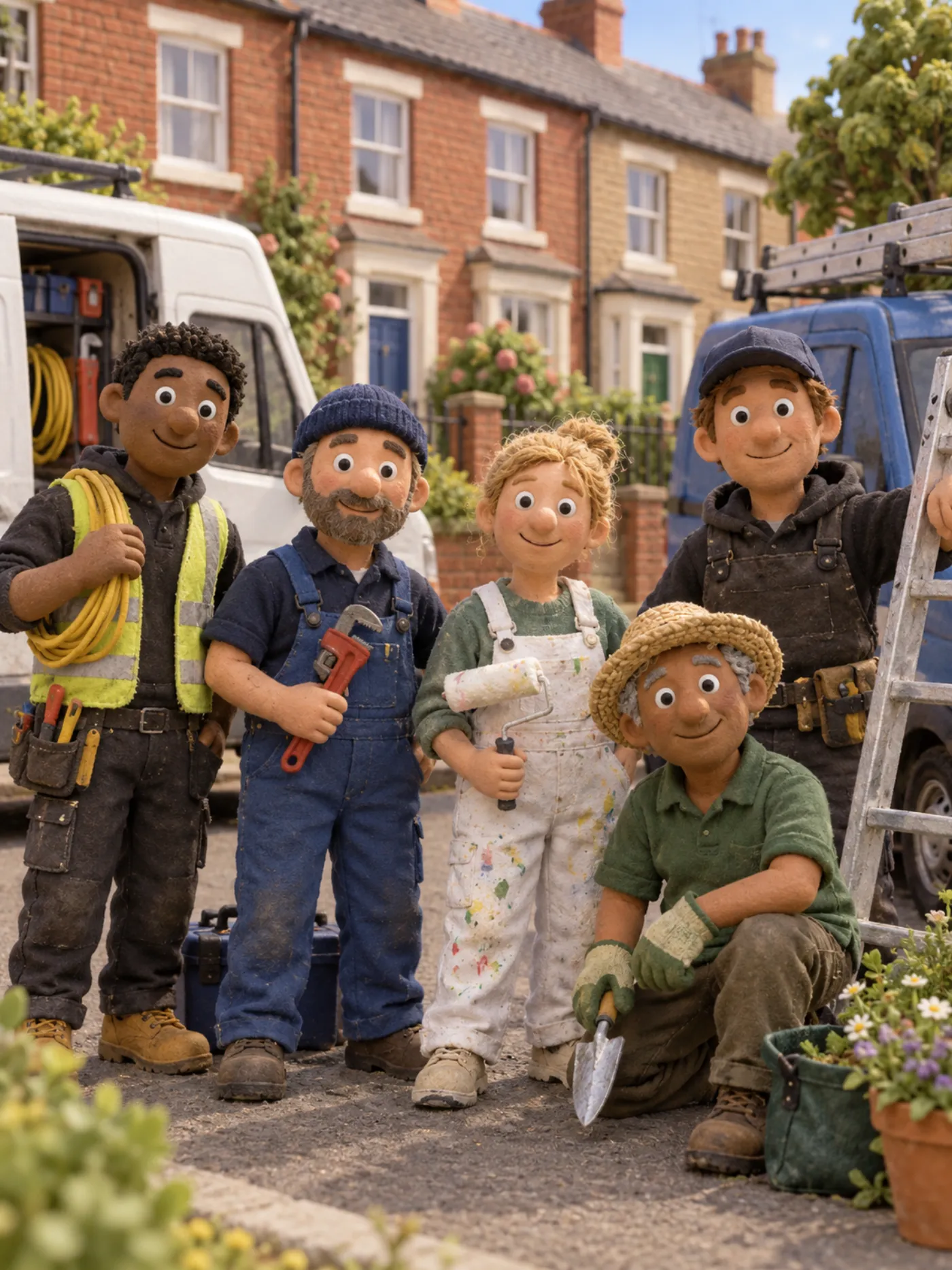 Five clay tradespeople standing together outside a row of terraced houses with their vans