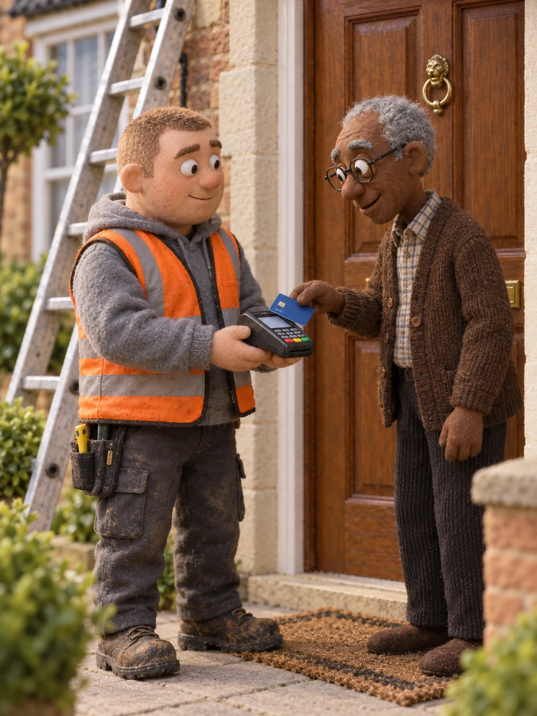 A clay tradesperson taking a card payment from a happy homeowner at the front door