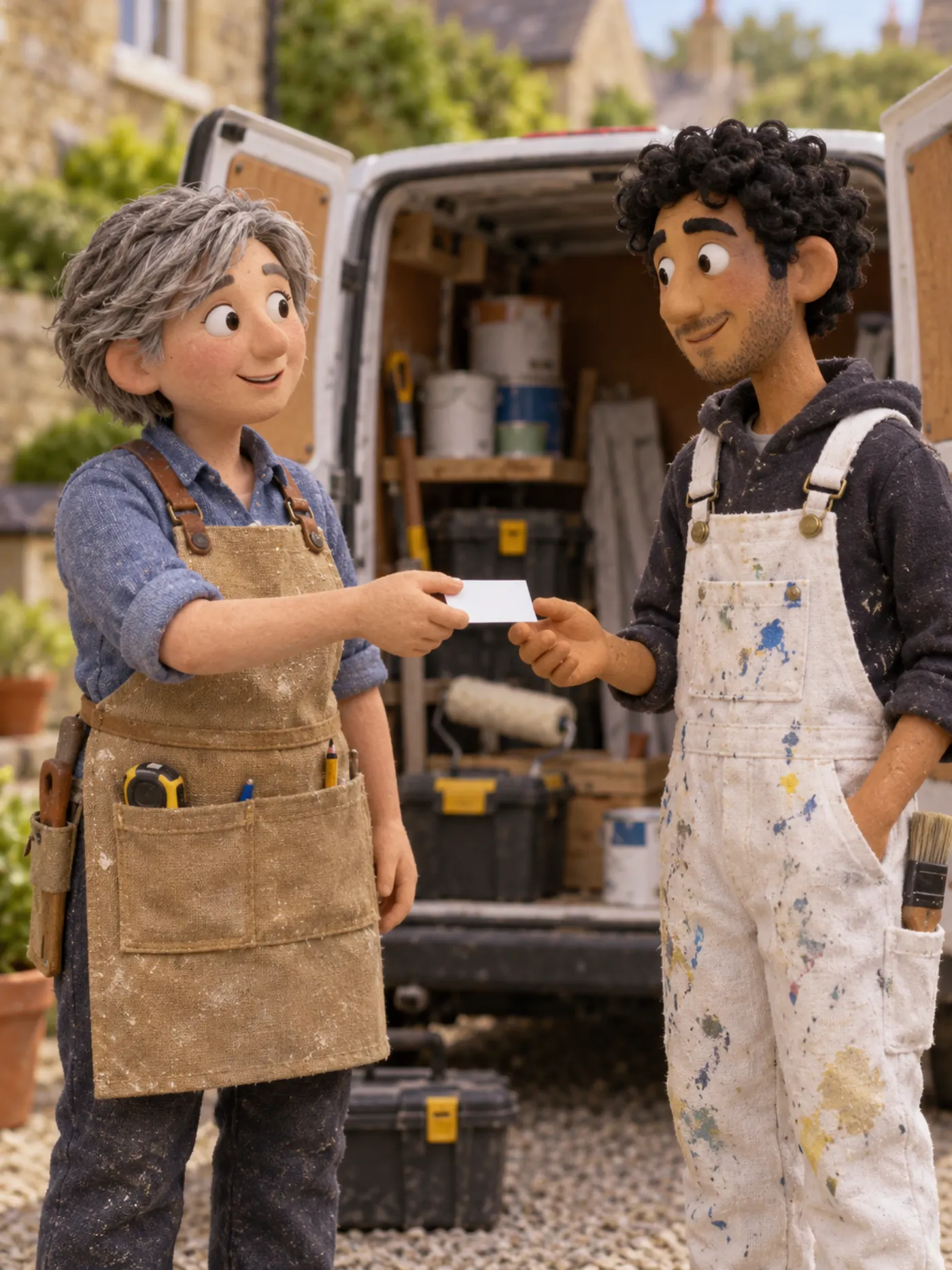 Two clay tradespeople sharing a business card beside an open van