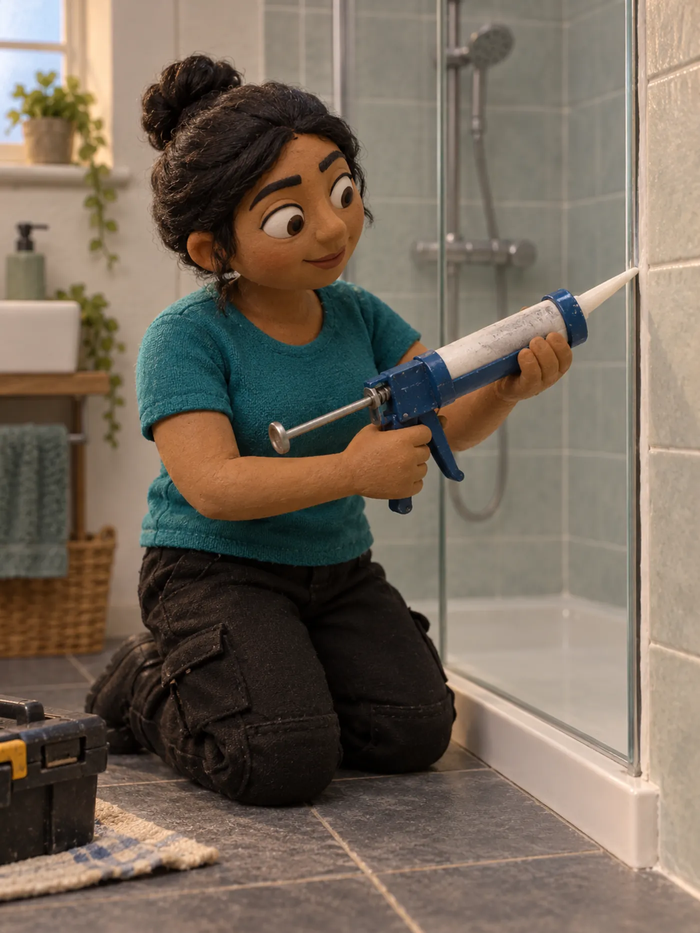 A clay bathroom fitter sealing a new shower screen