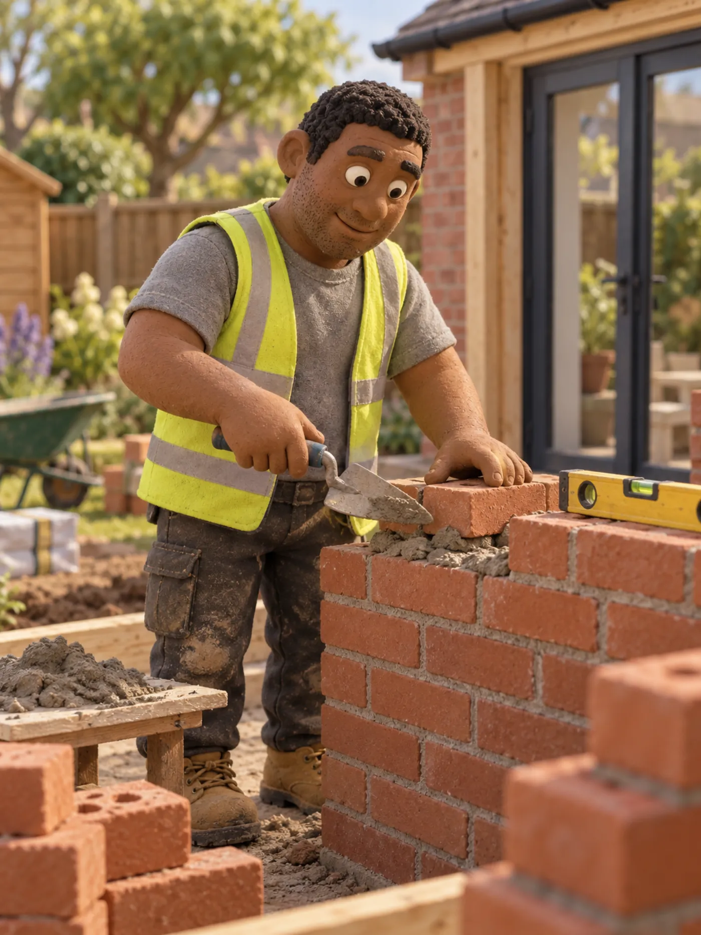 A clay builder laying bricks on a garden extension wall