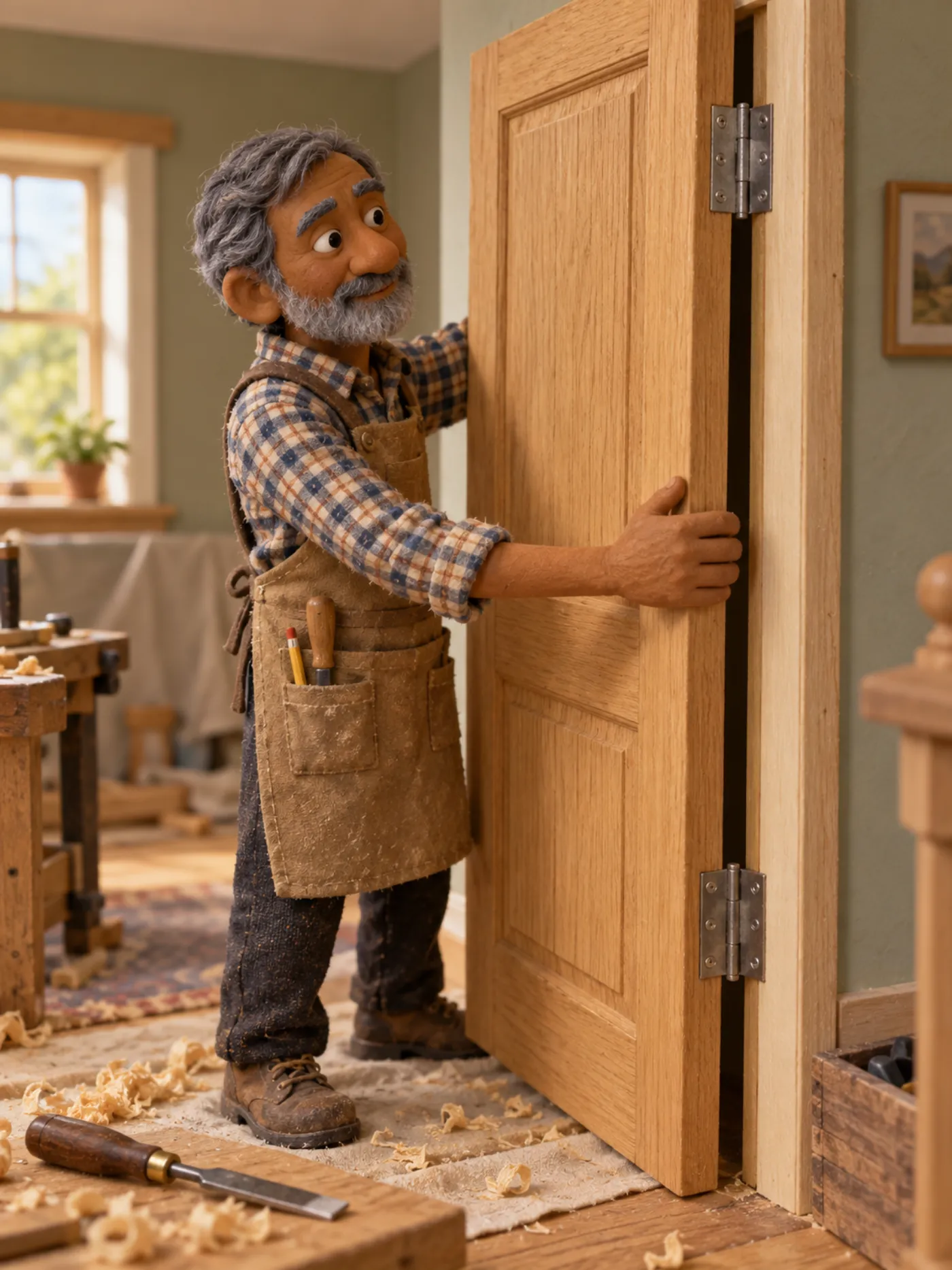 A clay carpenter hanging an oak internal door