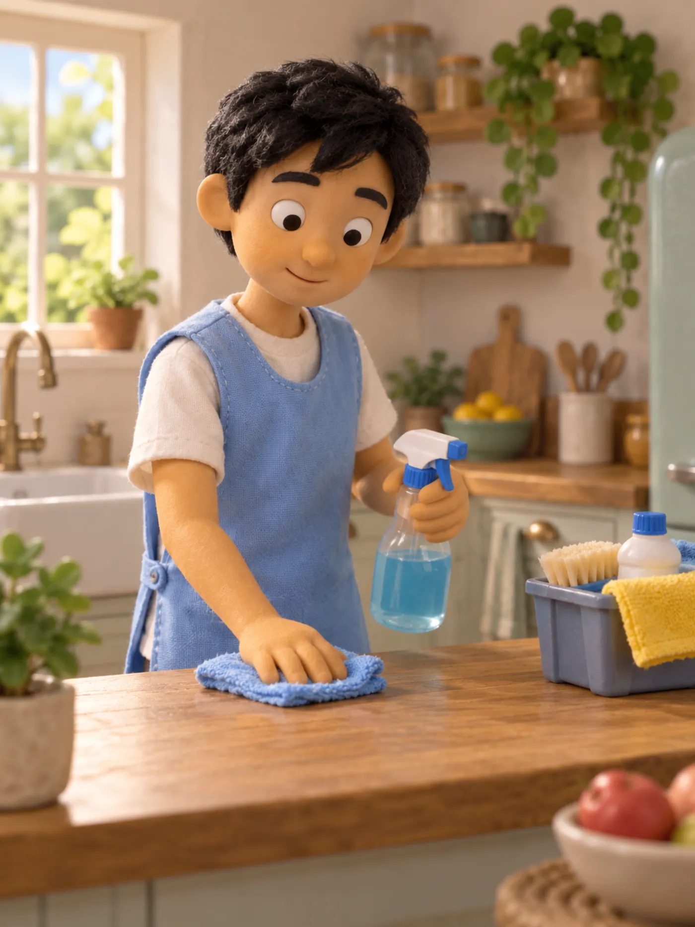 A clay cleaner wiping down a kitchen worktop