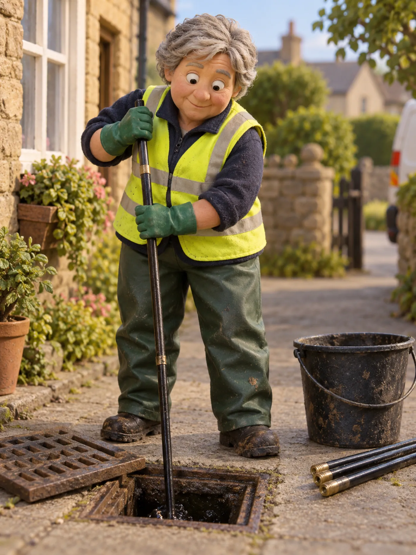 A clay drainage engineer clearing an outside drain with rods
