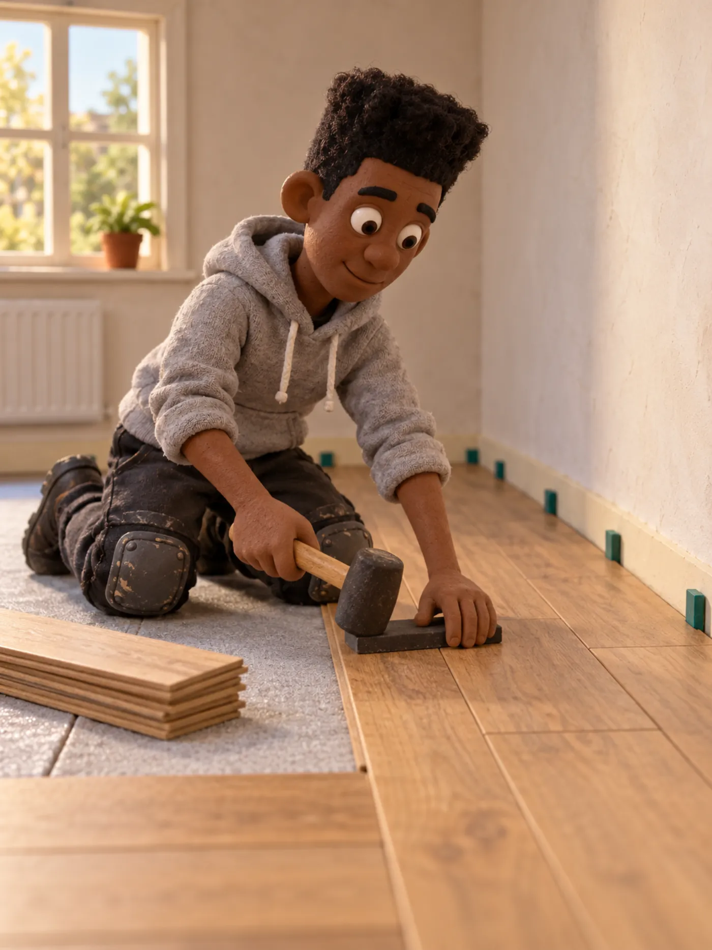 A clay flooring fitter clicking oak laminate boards into place
