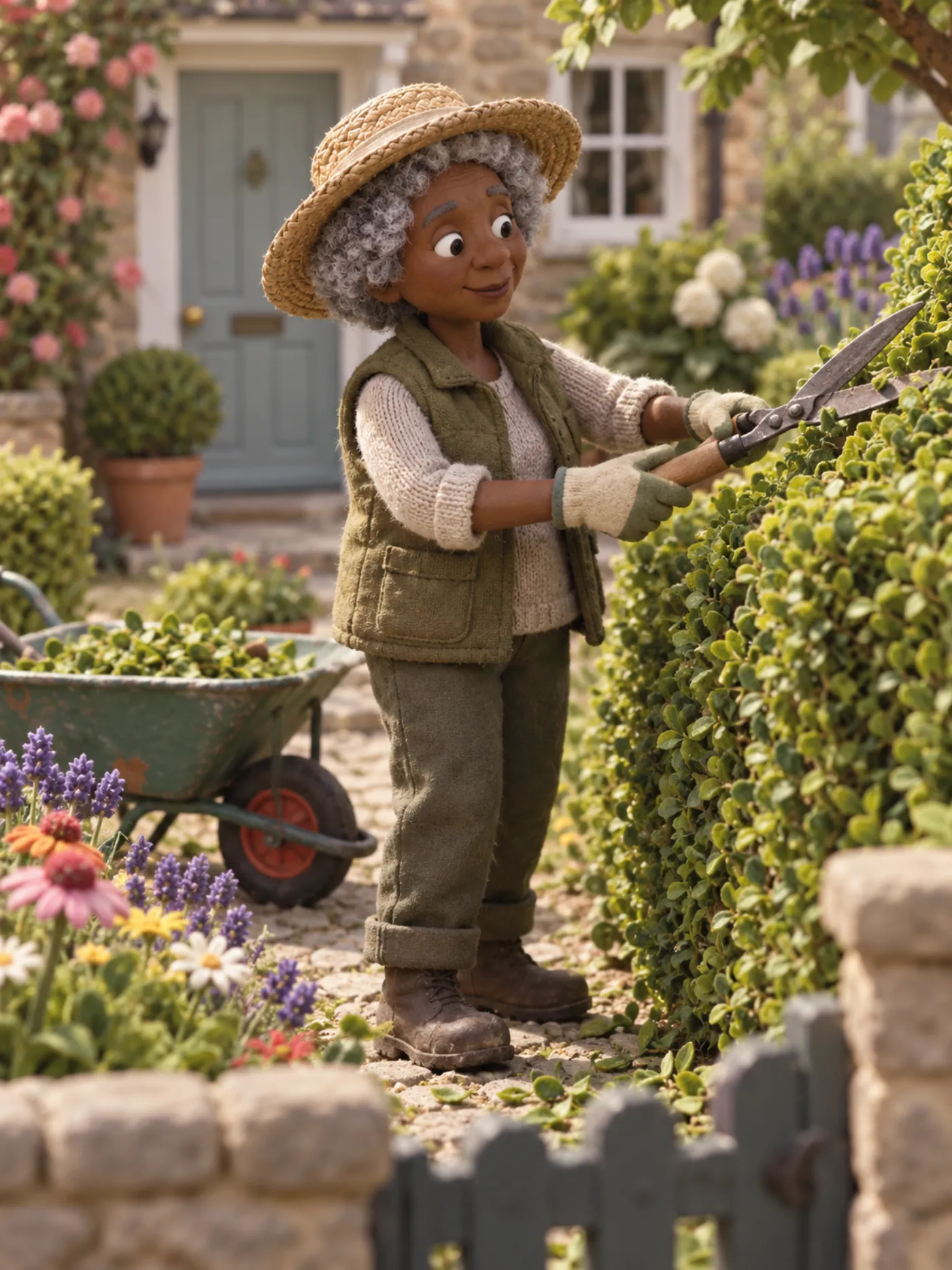 A clay gardener trimming a hedge in a sunny front garden