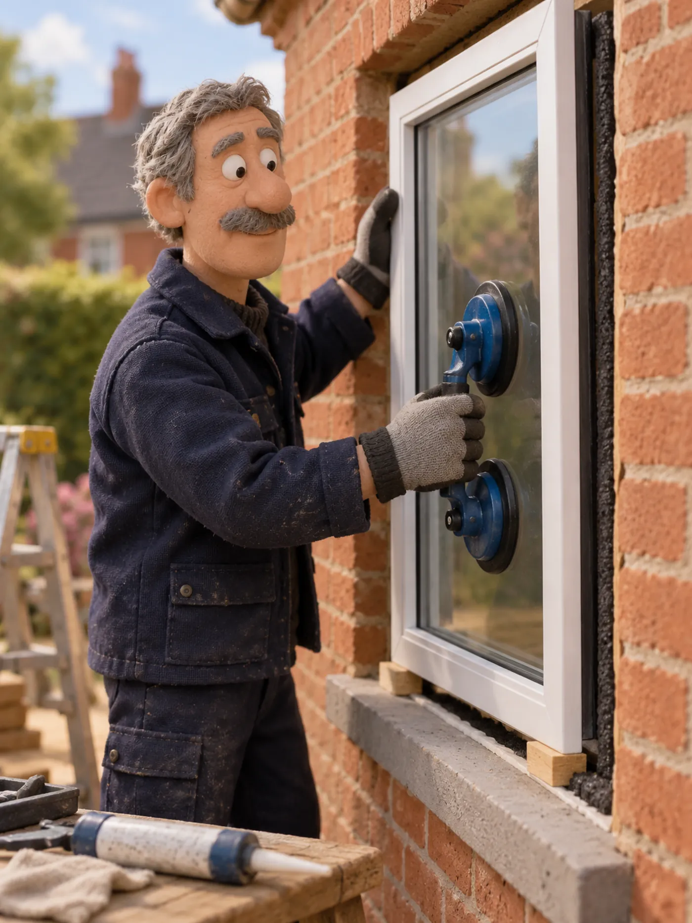 A clay glazier fitting a double-glazed window into a brick opening