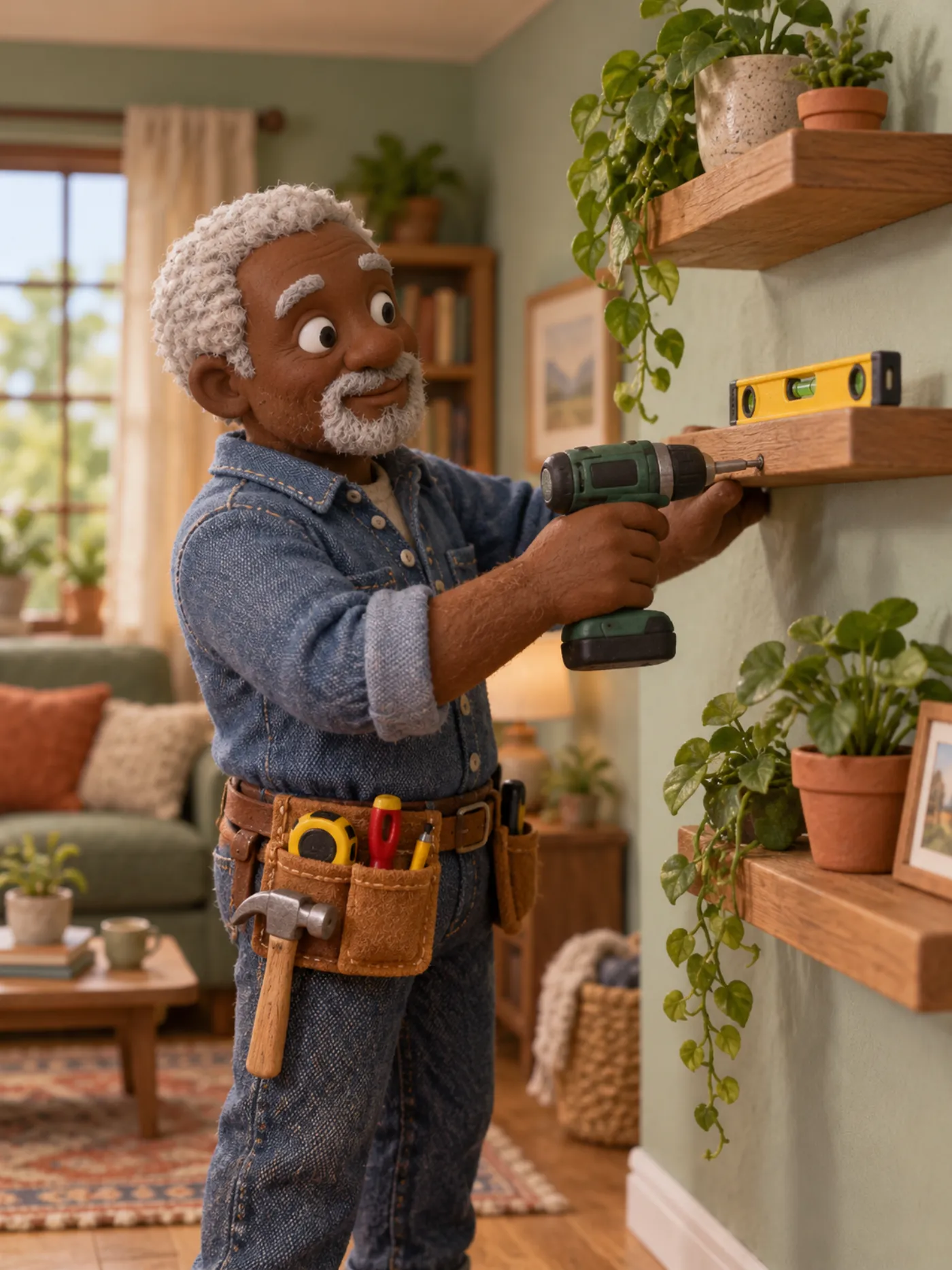 A clay handyman mounting floating shelves in a living room