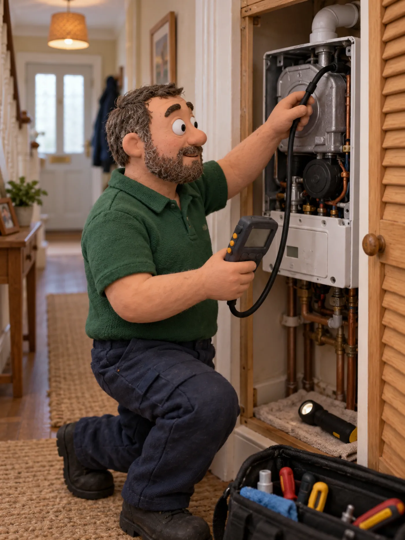A clay gas engineer servicing a combi boiler with a flue analyser