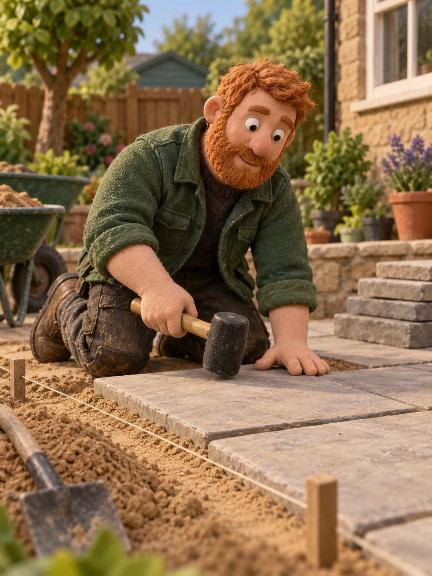 A clay landscaper laying a stone patio in a back garden