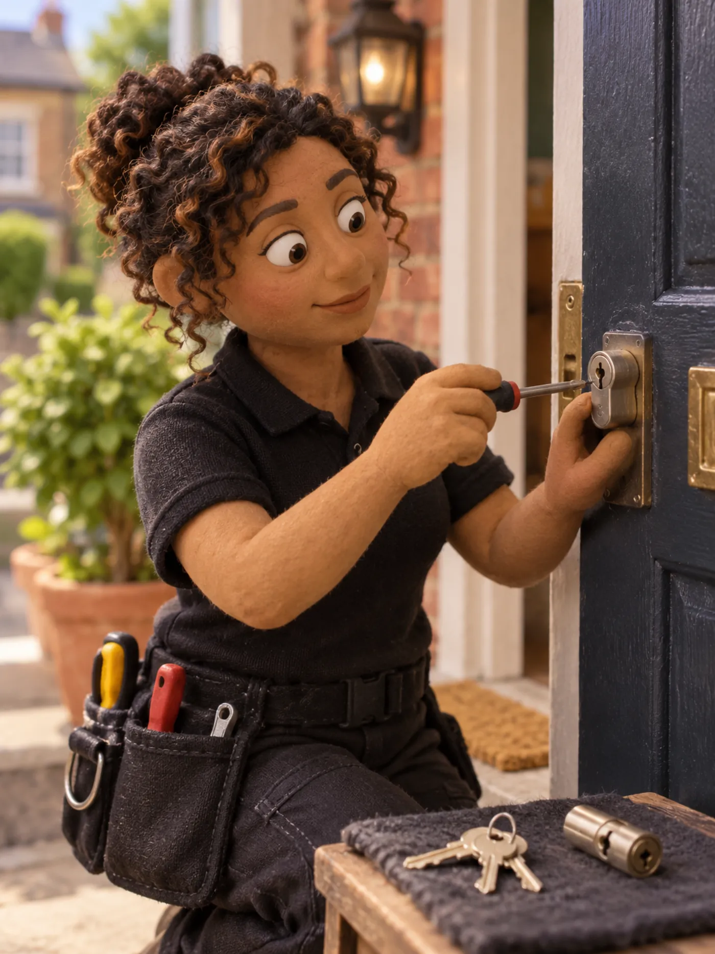 A clay locksmith fitting a new lock on a front door