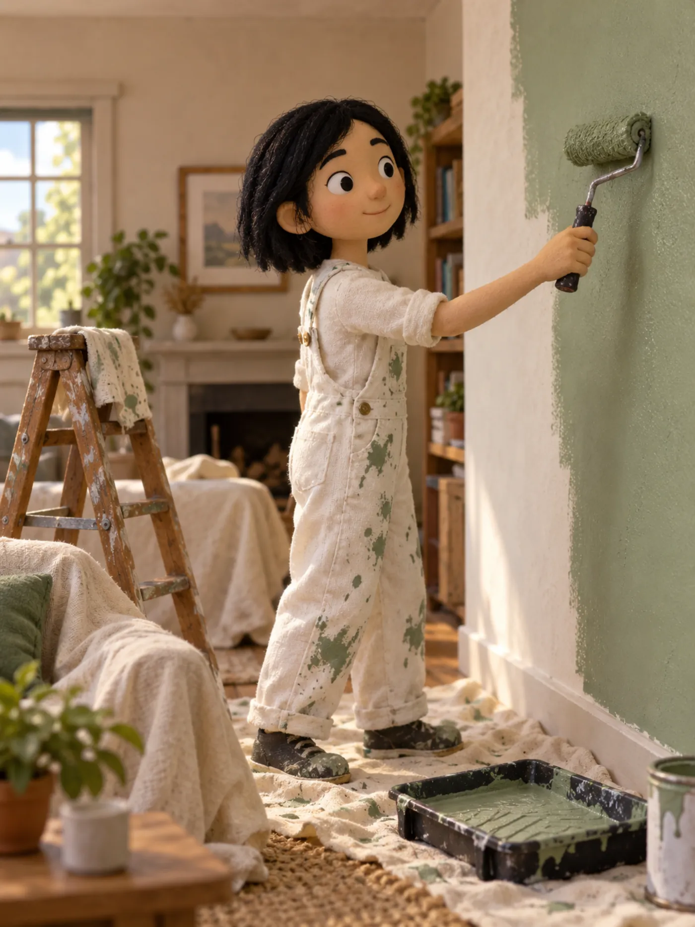 A clay decorator rolling sage green paint onto a living room wall
