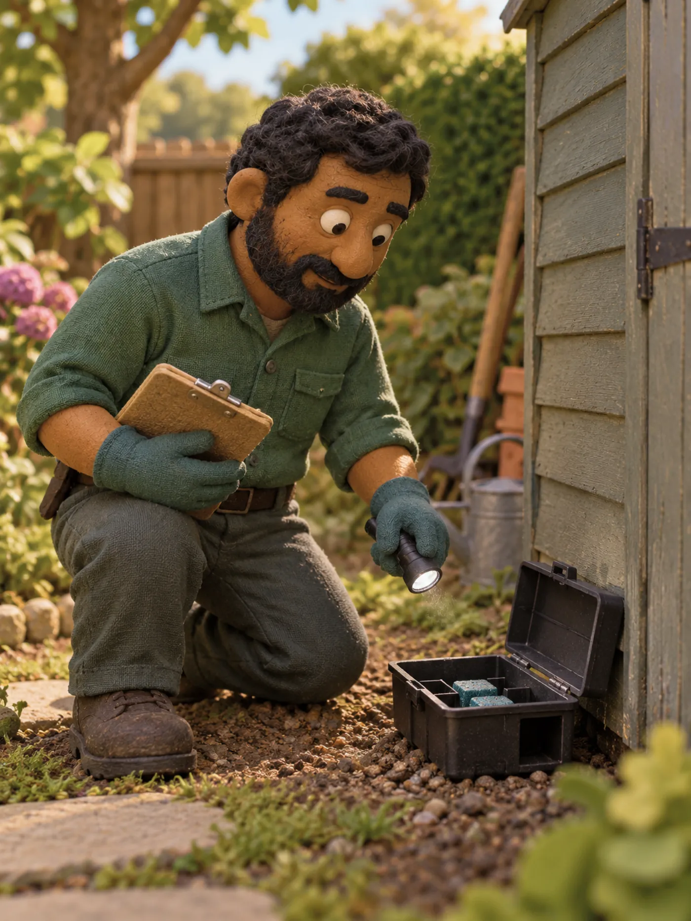A clay pest control technician checking a bait box beside a garden shed