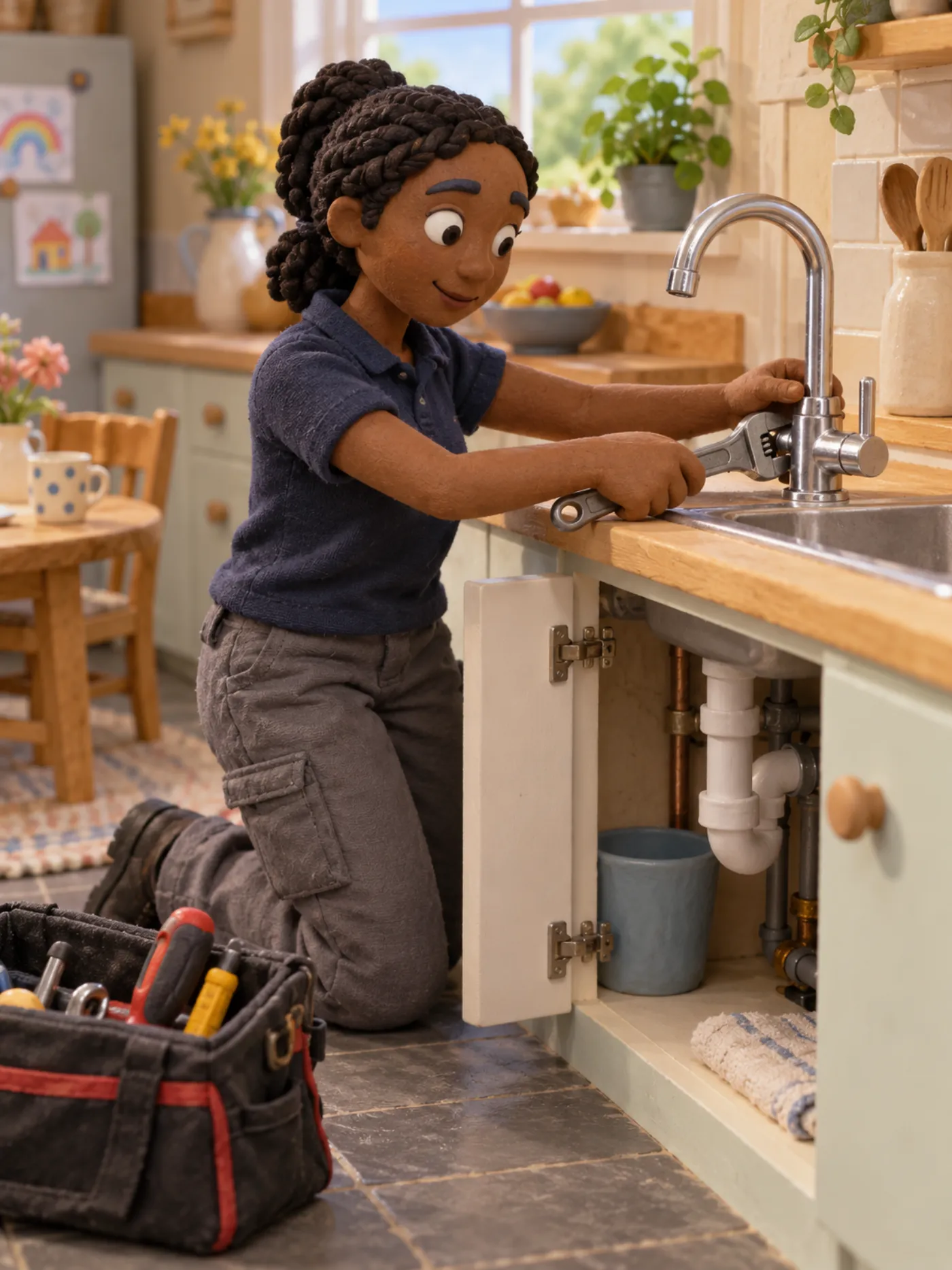 A clay plumber fitting a kitchen mixer tap