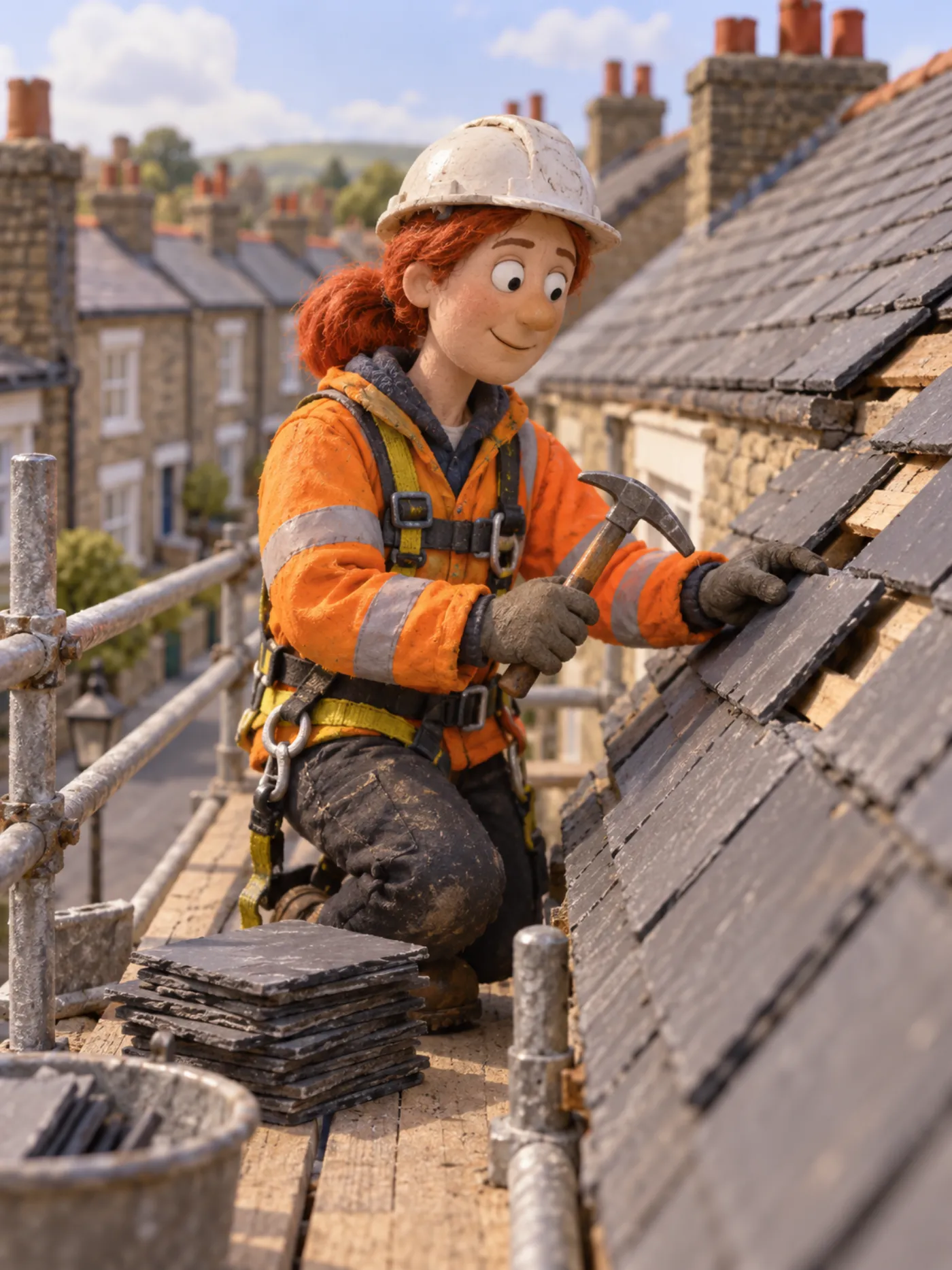 A clay roofer replacing slate tiles from a scaffold