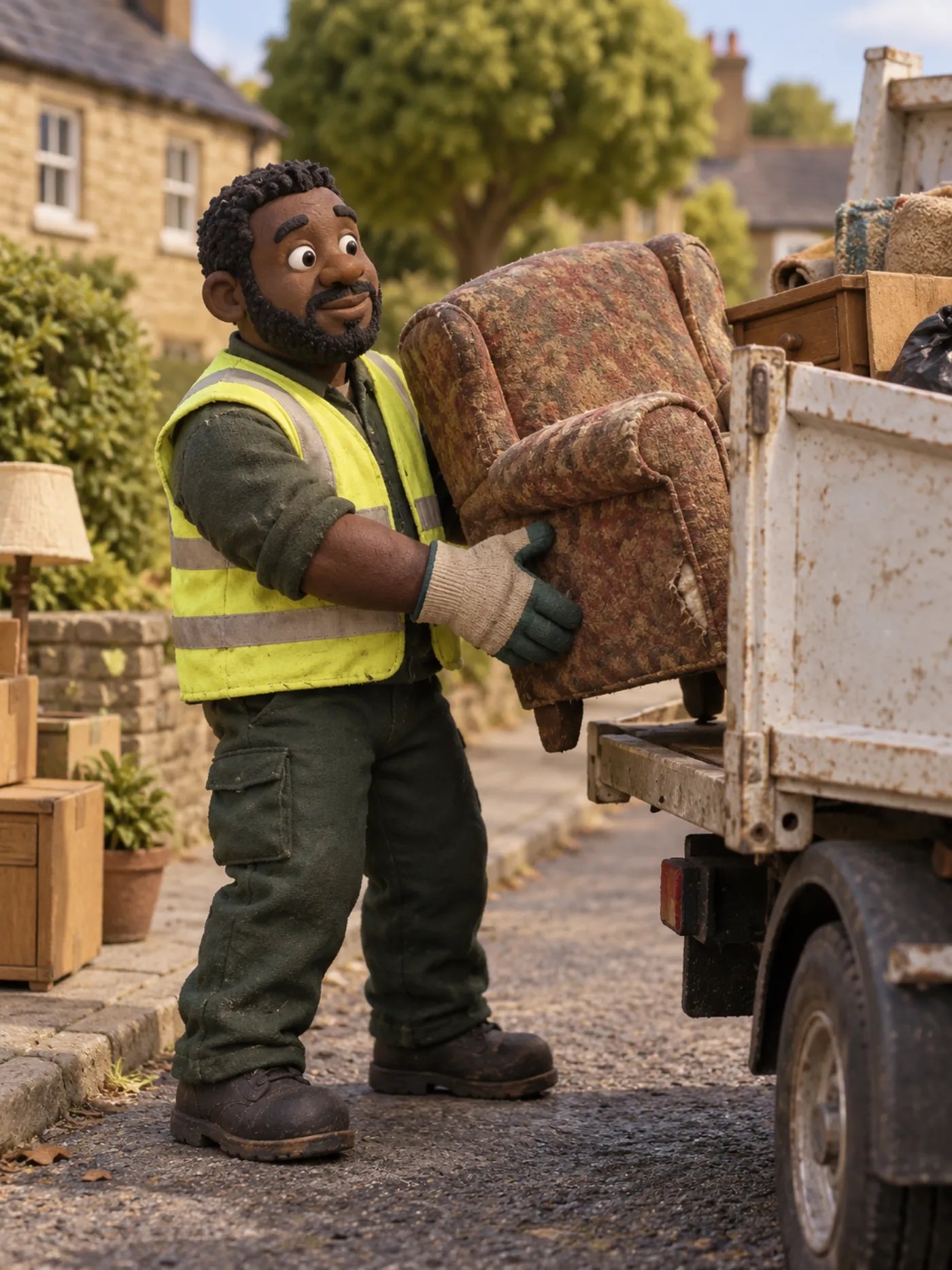 A clay waste removal worker loading old furniture into a tipper van