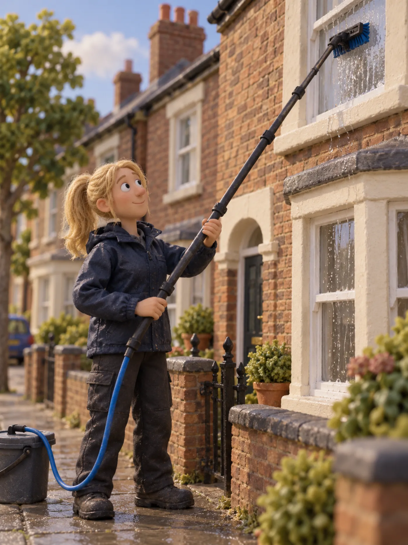 A clay window cleaner using a water-fed pole on an upstairs window