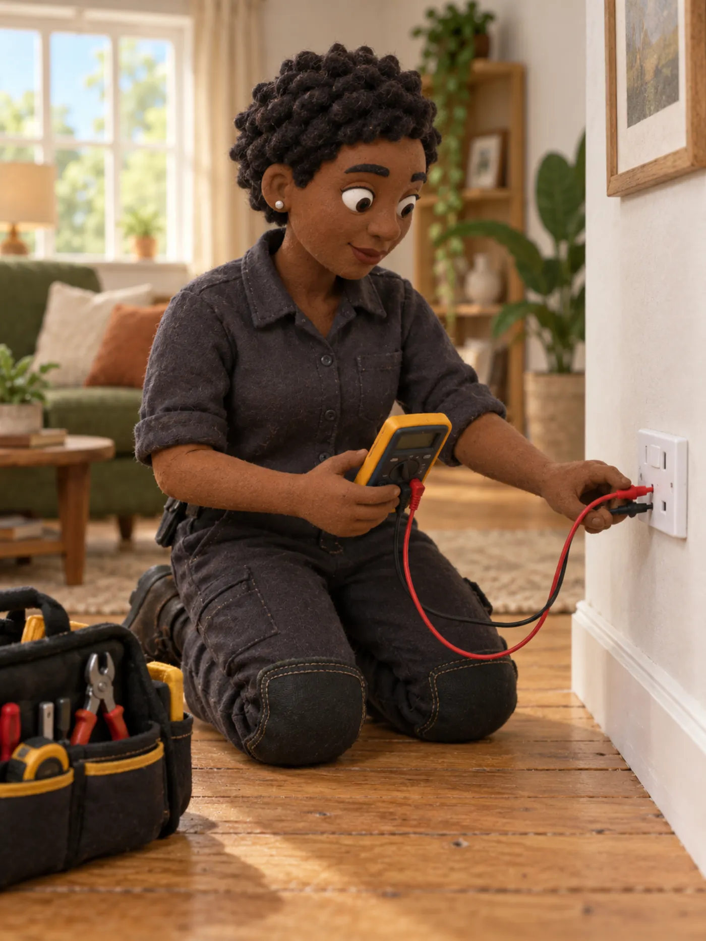 A clay electrician testing a socket on the wall of a living room