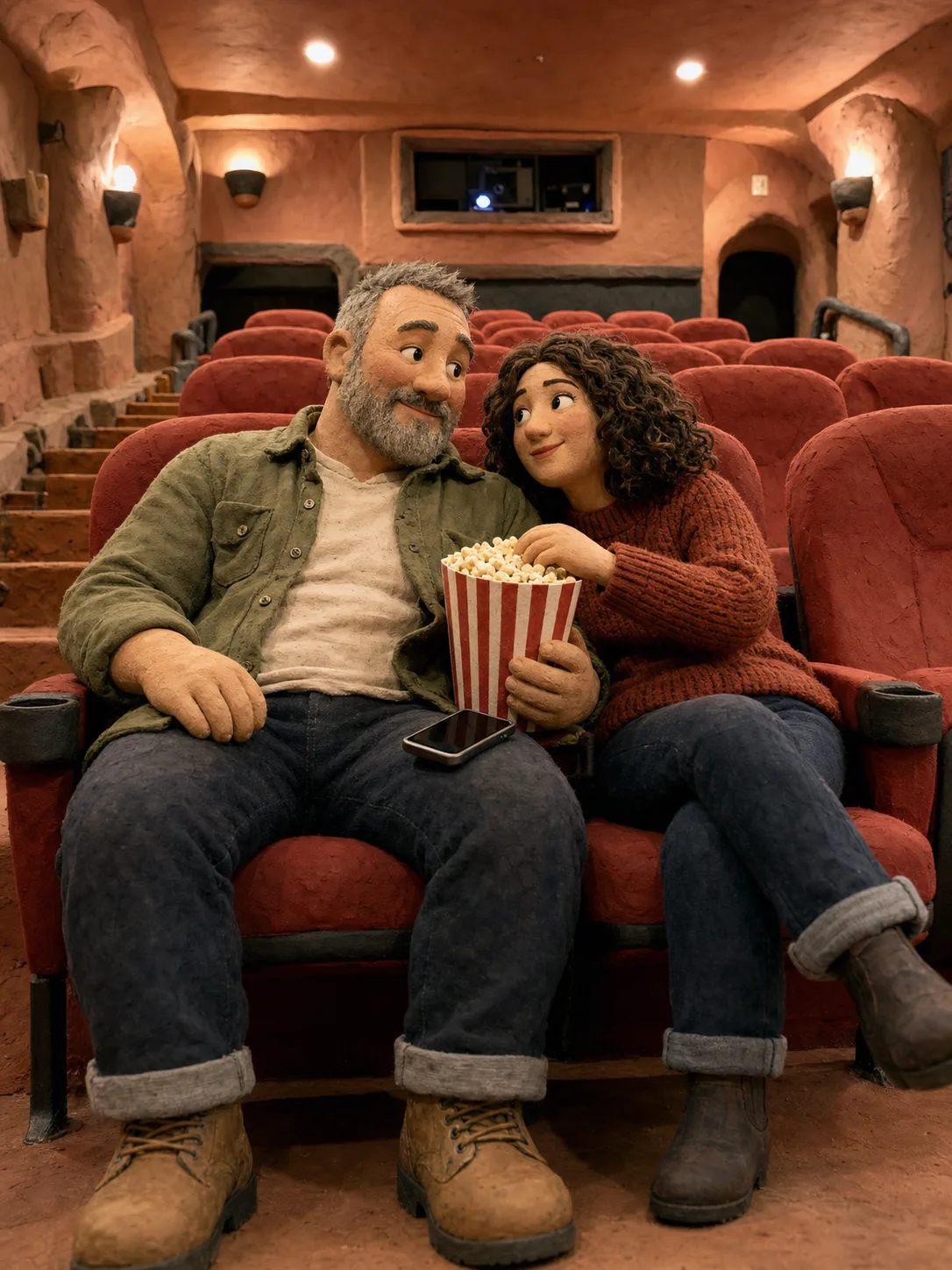 A clay tradesman and his partner at the cinema, sharing popcorn, his phone resting on his knee